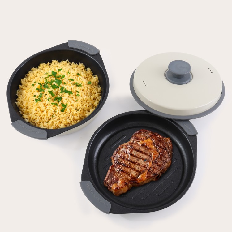 Olla múltiple con parrilla para microondas para cocinar y preparar comidas con bajo contenido de aceite